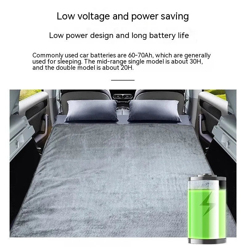 Grey 12V car electric blanket with cigarette lighter plug and temperature control, shown in single and double size options