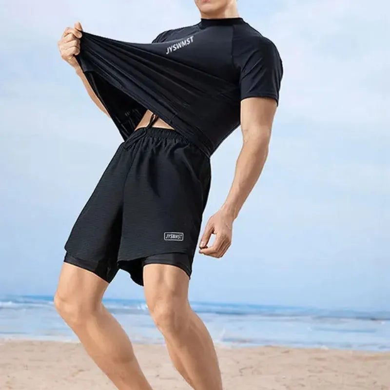 Men's two-piece polyester swimsuit set in plus sizes with matching top and swimming trunks