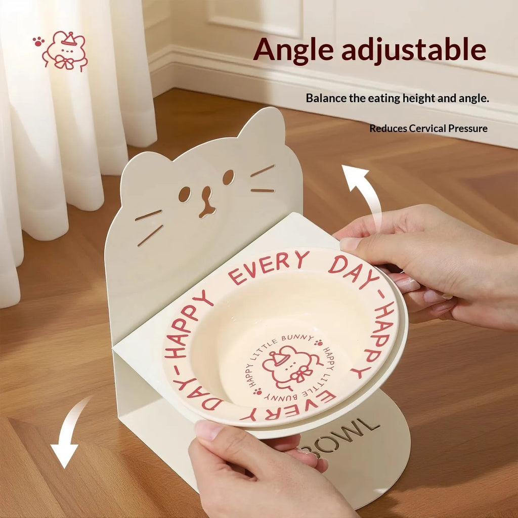 Ceramic cat food bowl with high-legged magnetic stand in beige, pink or yellow for raised cat feeding