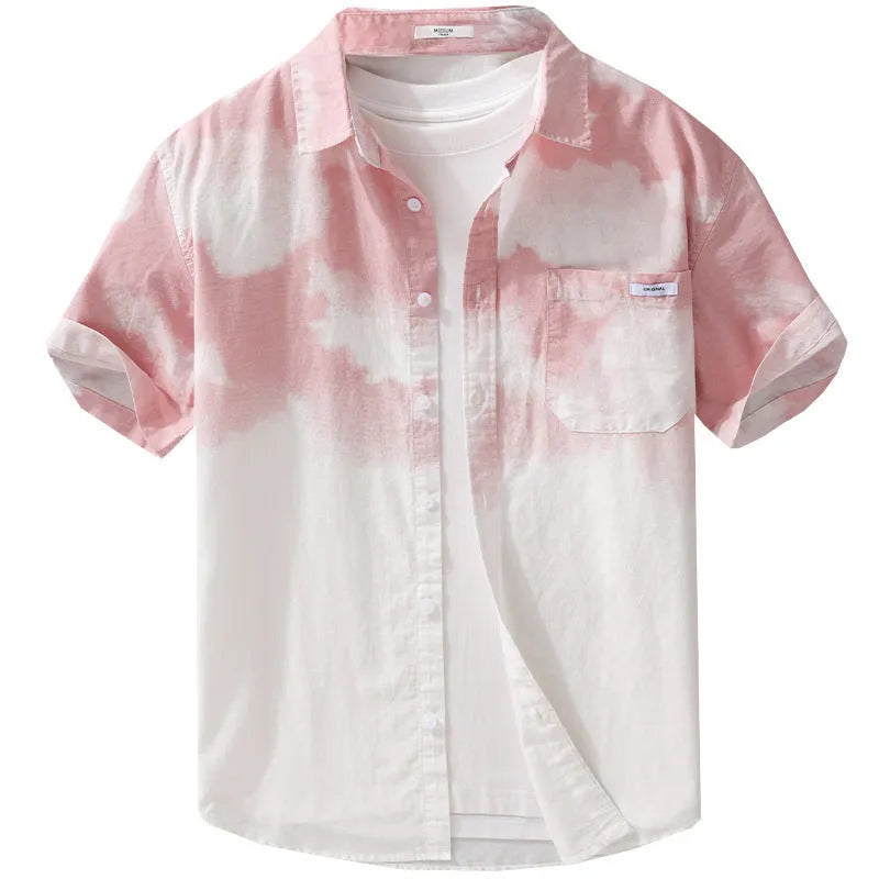 Men's light pink pure cotton short-sleeved shirt with a loose cardigan fit on a hanger.