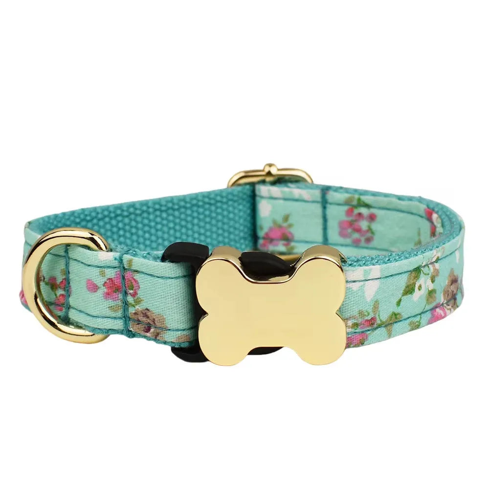 Nylon dog collar with printed grid pattern and bone-shaped buckle in multiple colour options