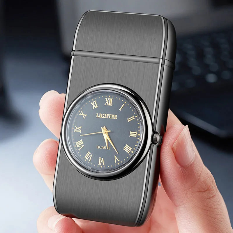 Multifunctional metal electronic lighter with watch display and LED flash lamp in black brushed finish.