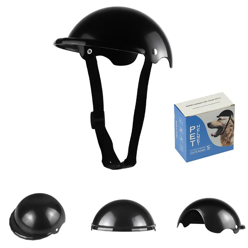 Small S size plastic pet motorcycle helmet shown in pink, black, yellow, and green colour options.