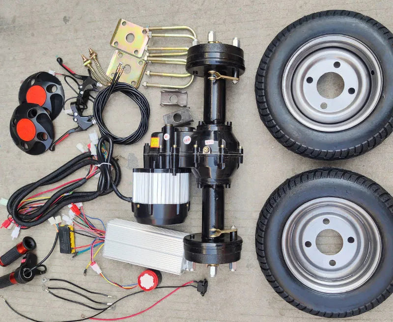 Low speed rear axle kit with motor, pneumatic tyres, and wiring for 48v electric trolley conversion