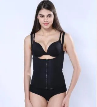 Adjustable zipper waist shaper and trimmer in black, size S, with front zip closure and stretch fabric.