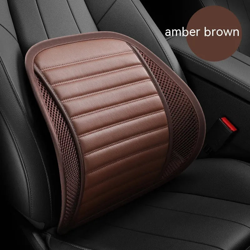 Leather lumbar support pillow for car seat in choice of five colours: blue, brown, black, ivory, and pink.