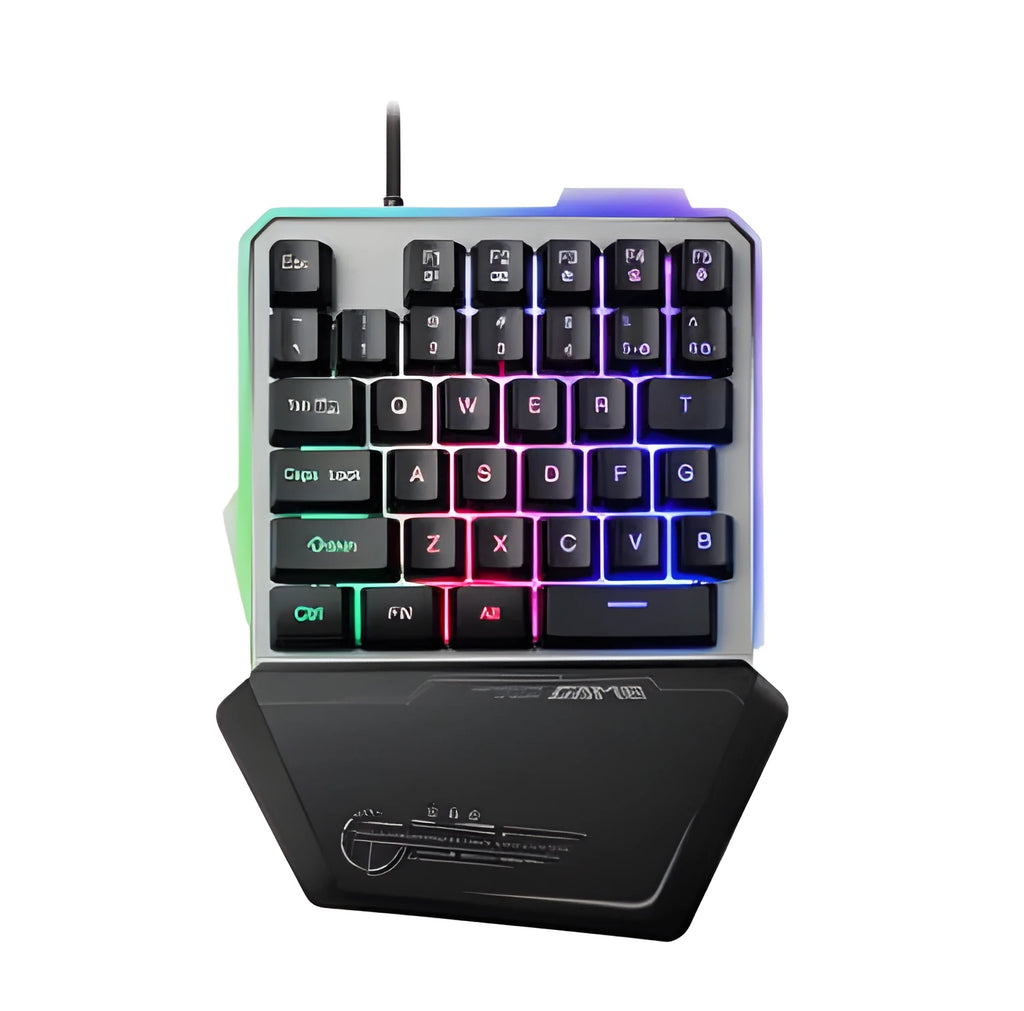 Black robotic one-handed gaming keyboard with RGB backlight and 1.8 metre USB cable