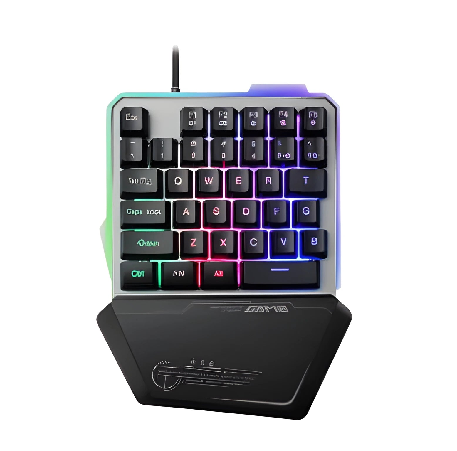 Black robotic one-handed gaming keyboard with RGB backlight and 1.8 metre USB cable