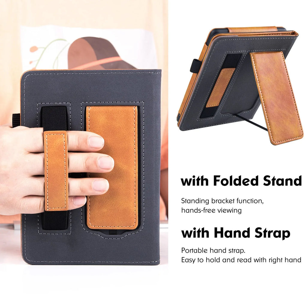 Kindle Paperwhite 11 leather protective case showing wrist strap bracket and sleep mode feature