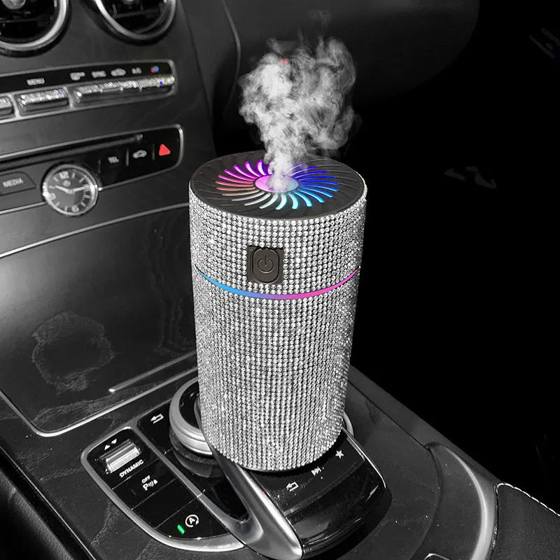 Compact white car USB air humidifier with Water Diamond technology measuring 14cm