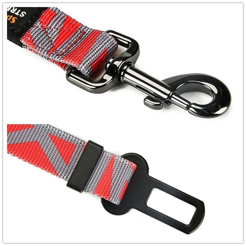 Adjustable pet car seat belt with nylon webbing, reflective strip and POM buckle, 76cm to 148cm