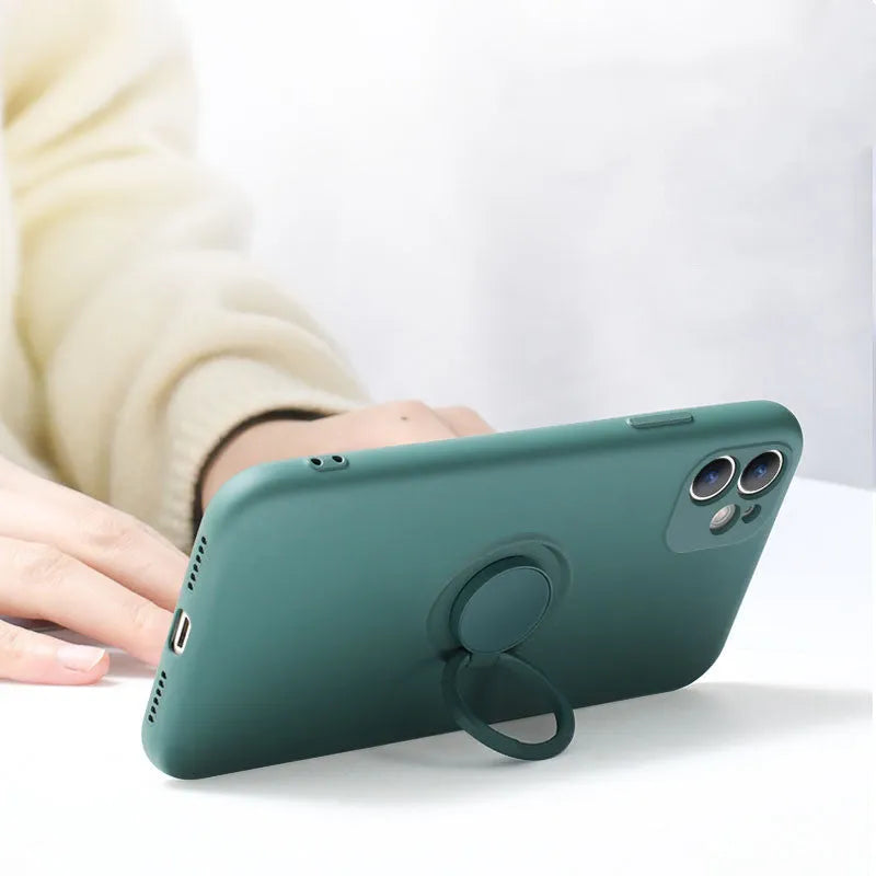 Liquid silicone phone case with ring bracket for Apple iPhone 12 in assorted colours