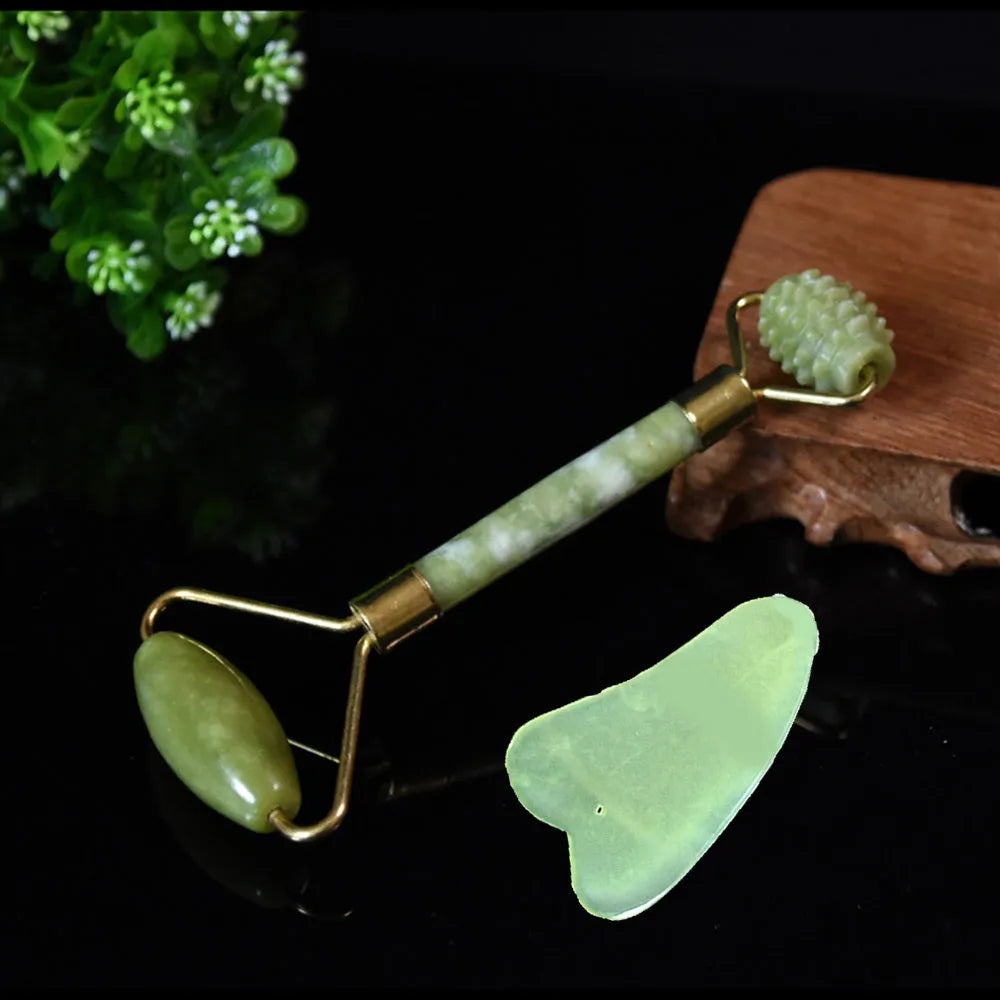 Natural green jade face and body massager roller and scraper set