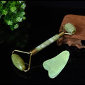 Natural green jade face and body massager roller and scraper set