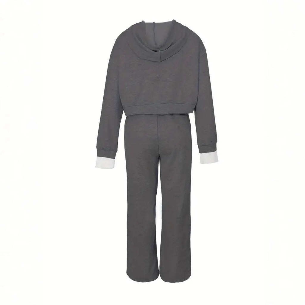 Women's hooded sweatshirt and pants set in light gray or dark gray, polyester, sizes S to XXL, casual Korean style.