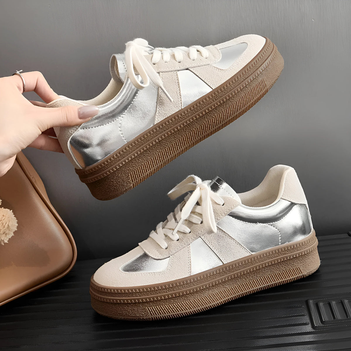 Retro round toe casual board shoes with cross straps in milky white colour