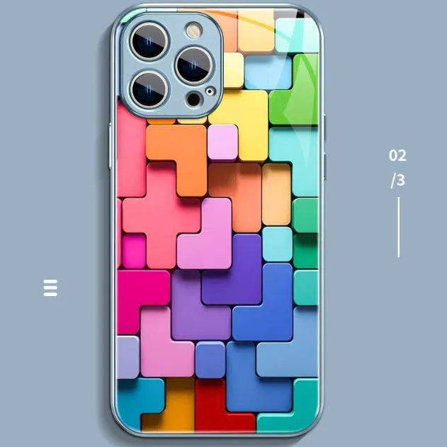 Silicone iPhone case with colourful cartoon geometry pattern on the back.