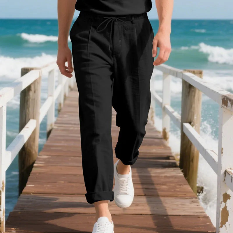 Men's linen casual pants in straight-leg style with drawstring waist in various colours