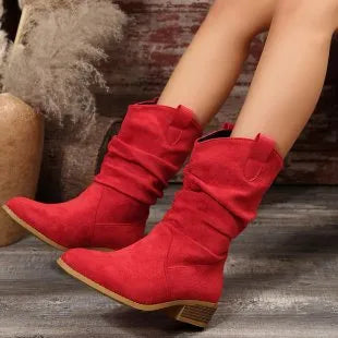Pointed suede boots for women in black or red with hollow out detail, PU upper and lining, rubber sole, sizes 36-43