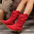 Pointed suede boots for women in black or red with hollow out detail, PU upper and lining, rubber sole, sizes 36-43