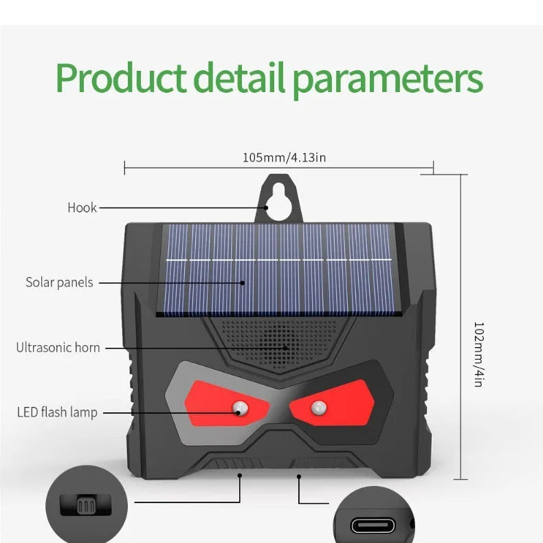 Black solar-powered ultrasonic outdoor animal repeller device with charging cable.