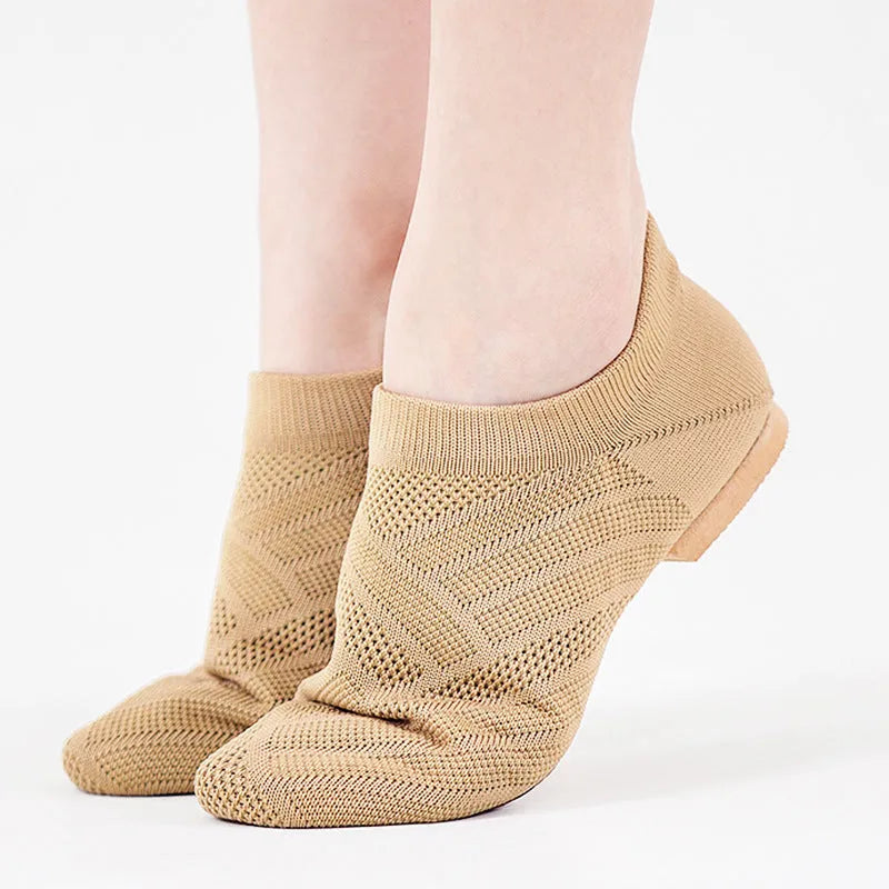 Solid colour Latin dance shoes with cotton mesh upper and leather sole in camel colour options