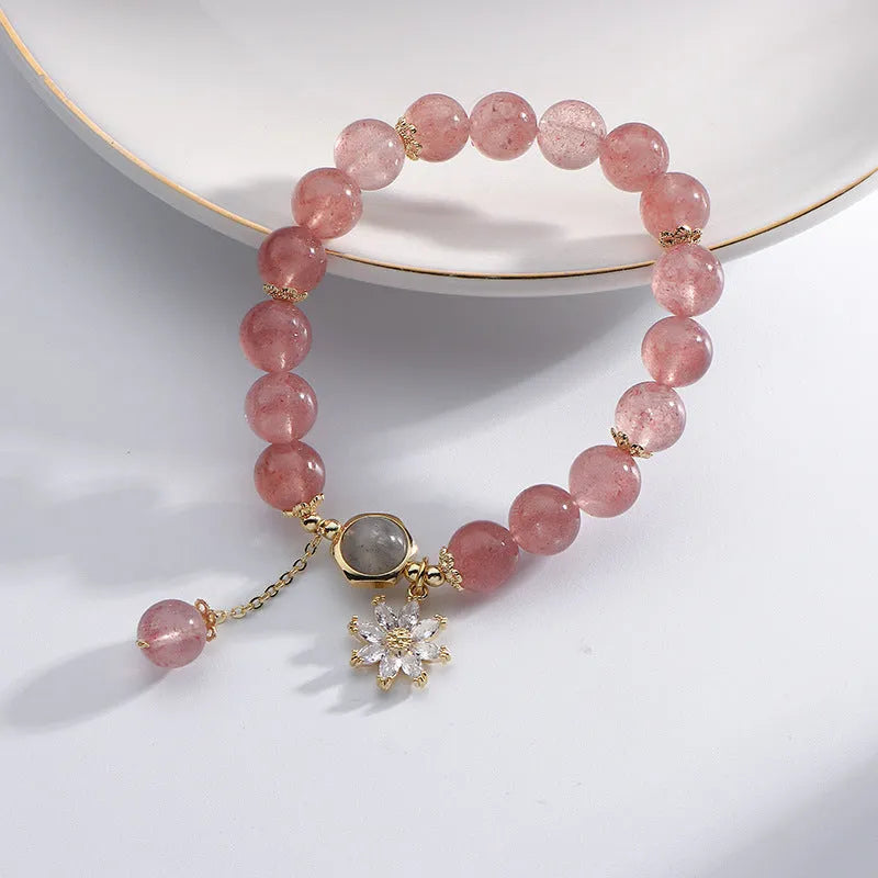 Strawberry quartz crystal bracelet with floral design elements in Mori natural style with electroplated finishing
