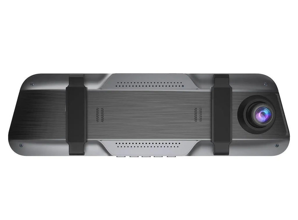 Black rearview mirror style driving recorder with large touch screen display mounted in a car