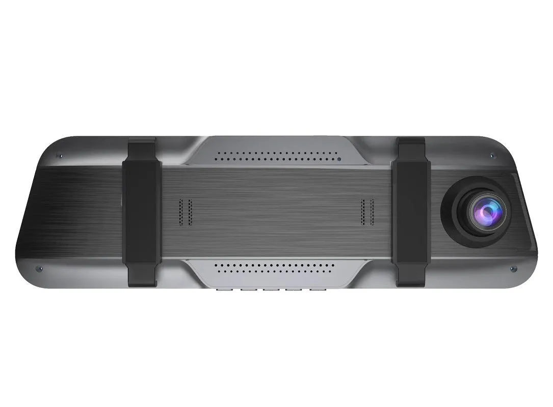 Black rearview mirror style driving recorder with large touch screen display mounted in a car