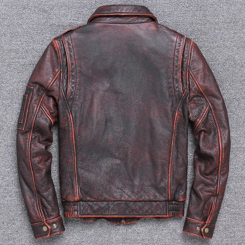 Men's thick cowhide leather jacket short length lapel collar ribbed hem grey colour