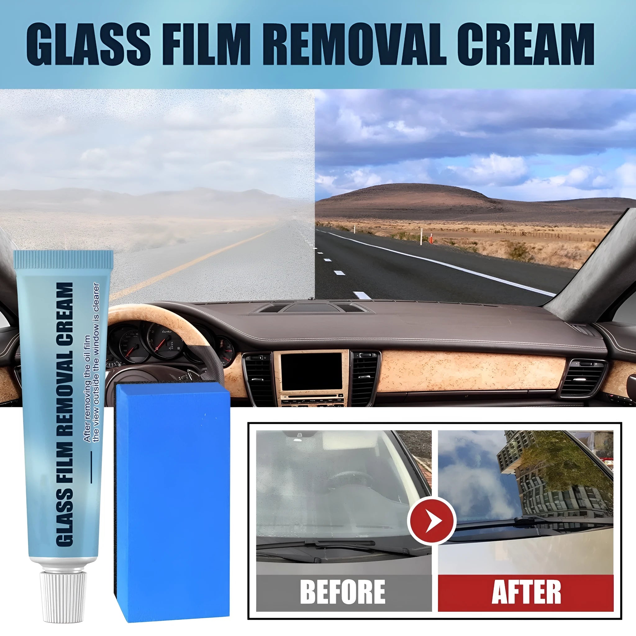 Blue car glass oil film remover with soft sponge applicator for windshield cleaning