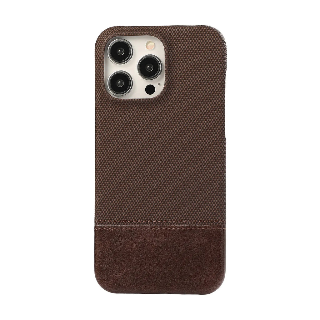 Imitation leather iPhone 17 phone case with fabric stitching, shown in Horse Orange, Galactic Gray and Deep Sea Blue