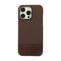 Imitation leather iPhone 17 phone case with fabric stitching, shown in Horse Orange, Galactic Gray and Deep Sea Blue
