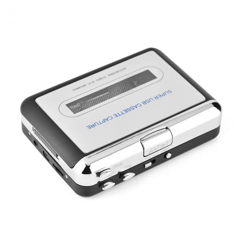 Silver USB cassette to MP3 converter unit with USB cable for converting tapes to digital audio files