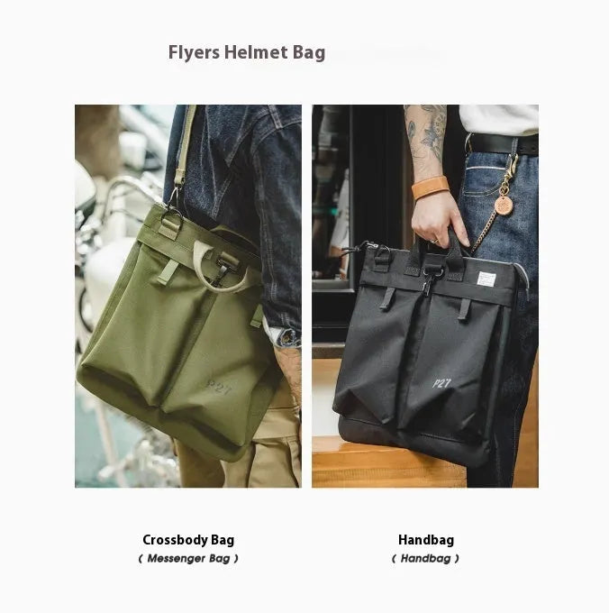 Canvas messenger bag in charcoal black with shoulder strap showing laptop compartment