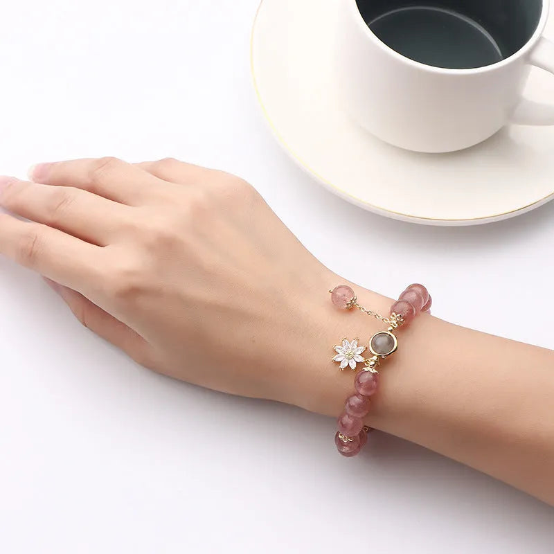 Strawberry quartz crystal bracelet with floral design elements in Mori natural style with electroplated finishing
