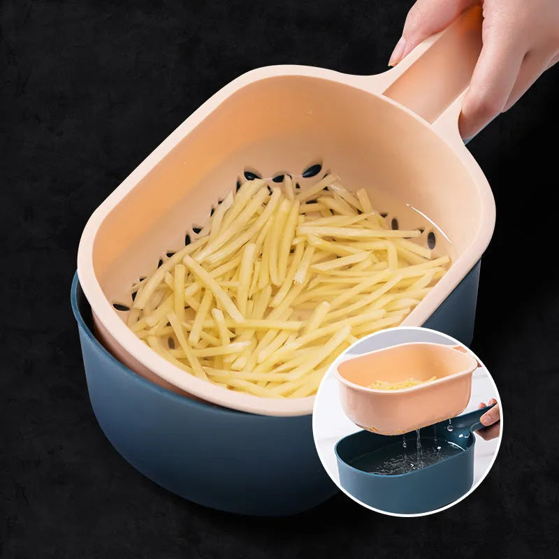 Vegetable cutter with four blades, hand protector, drain basket, bottom basin, 28.5 x 8.5cm, stainless steel and ABS
