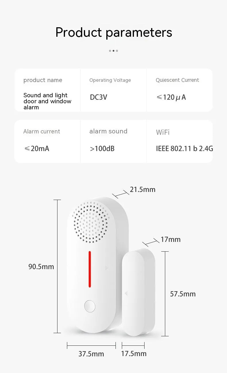 WiFi door magnetic sensor alarm with wireless connectivity and magnetic contacts for security