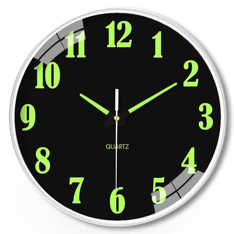 8 inch luminous wall clock with modern white plastic shell on a wall.