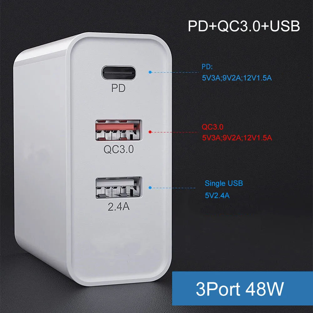 White 4-port USB fast wall charger with UK plug showing PD, QC and USB ports