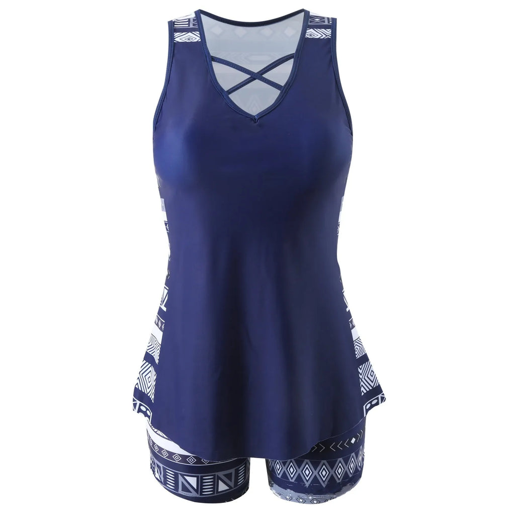 Women's polyester one-piece swimsuit, sleeveless briefs style, conservative split design, sizes S to XXL