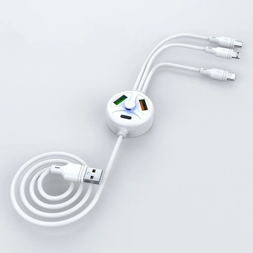 White 3-in-1 PD fast charge cable with USB, Micro USB, Mini USB, and TYPE-C connectors, 1.2 metres long.