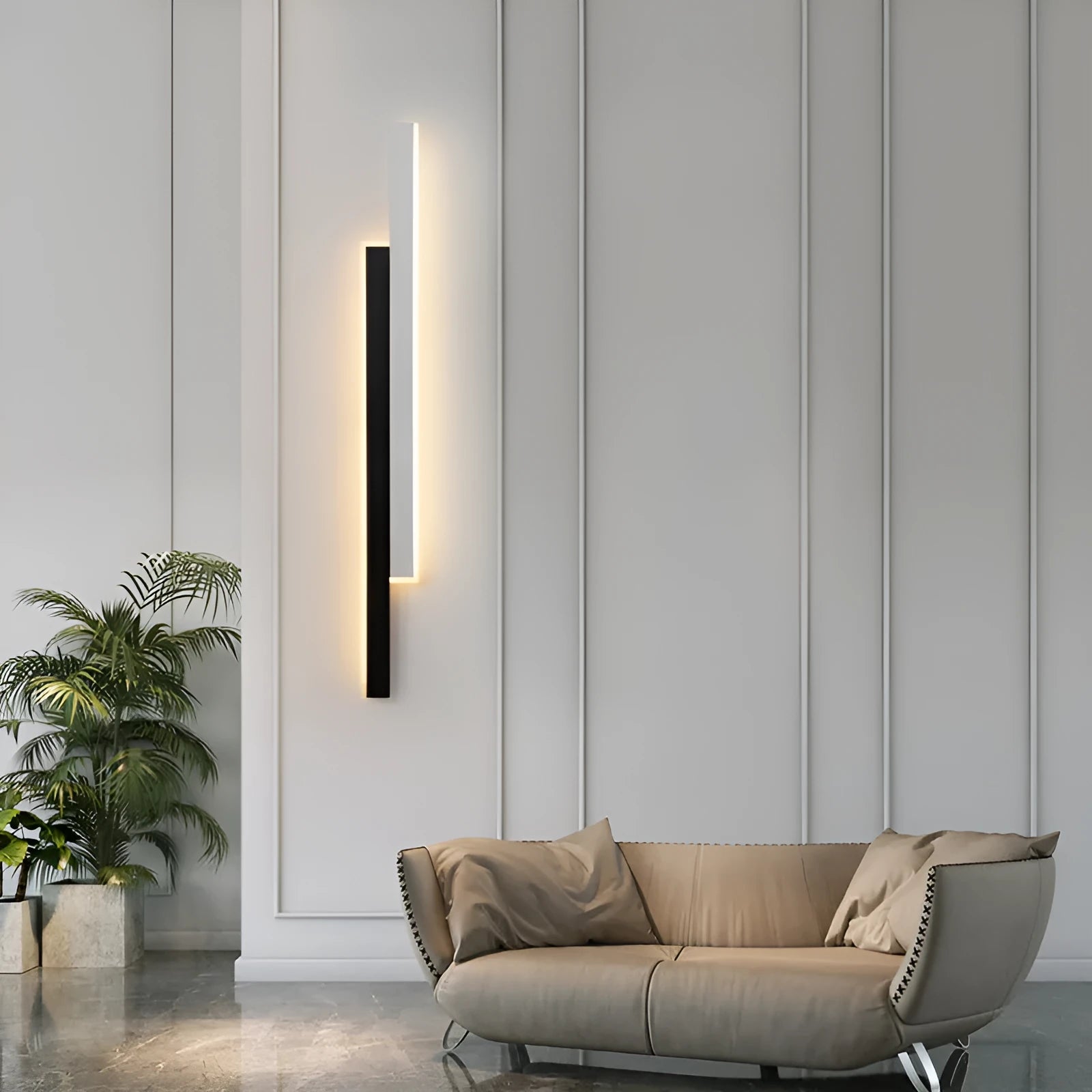 Modern black and white strip wall lamp with acrylic shade and three-colour LED lighting