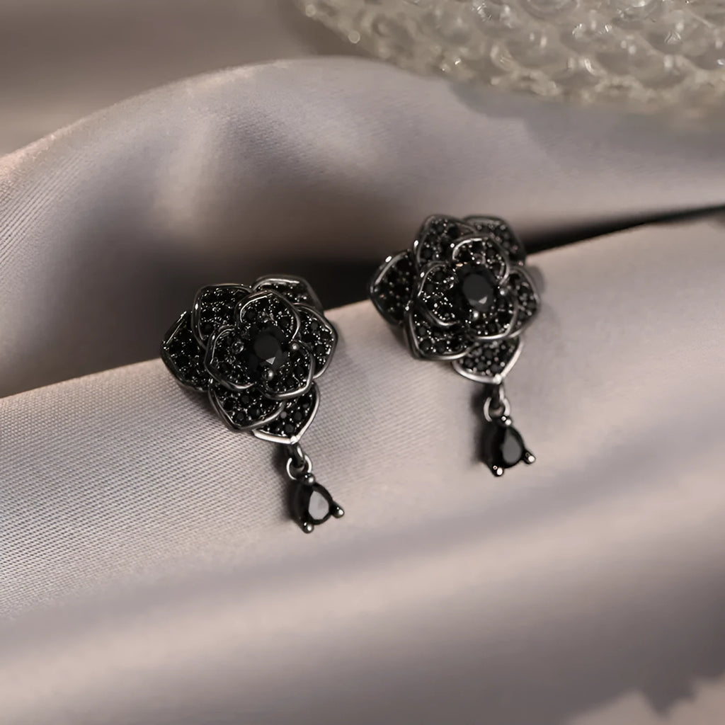 Black rose stud earrings with floral zircon design and gold-coloured electroplating