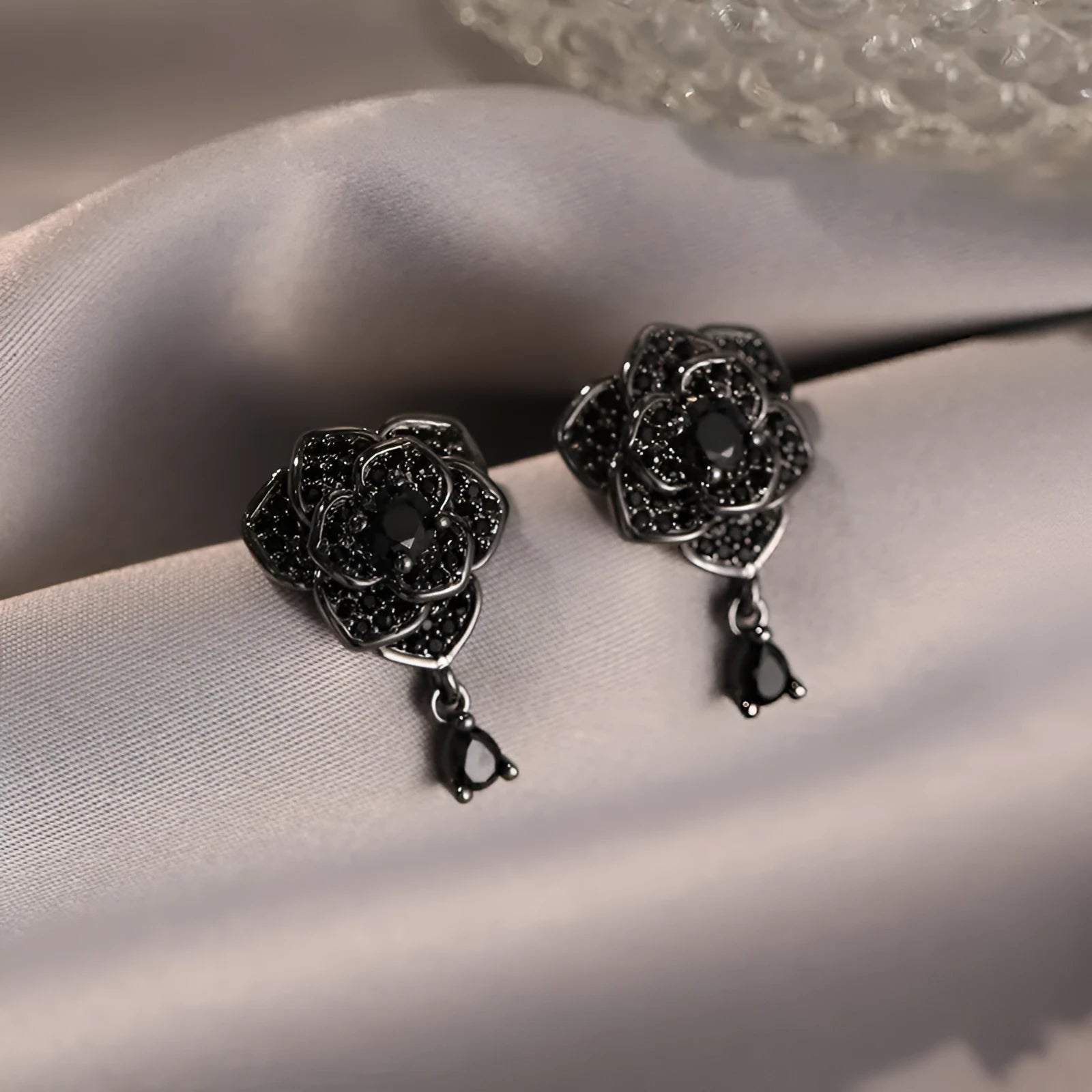Black rose stud earrings with floral zircon design and gold-coloured electroplating