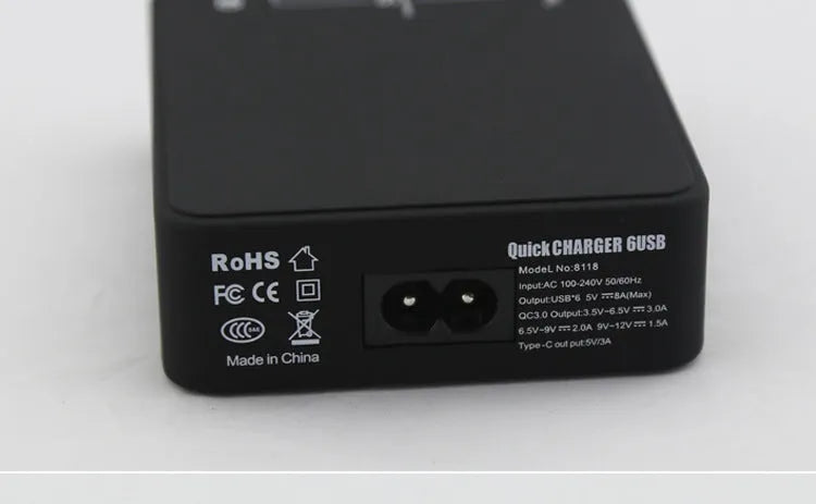 Black multi-port USB mobile phone charger with direct charging 8000mA output