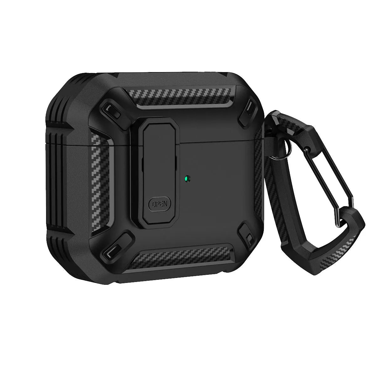 Two-tone black and yellow plastic AirPods protective case with a metal hook attached.