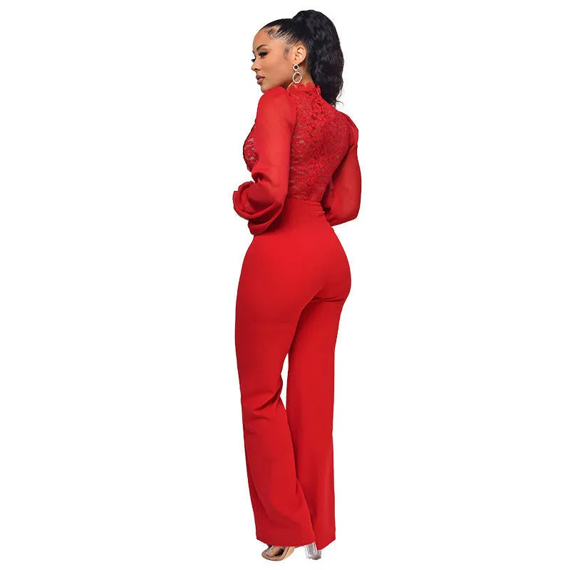 High-waisted straight-leg women's jumpsuit with high neck and puff sleeves in black, white, or red.