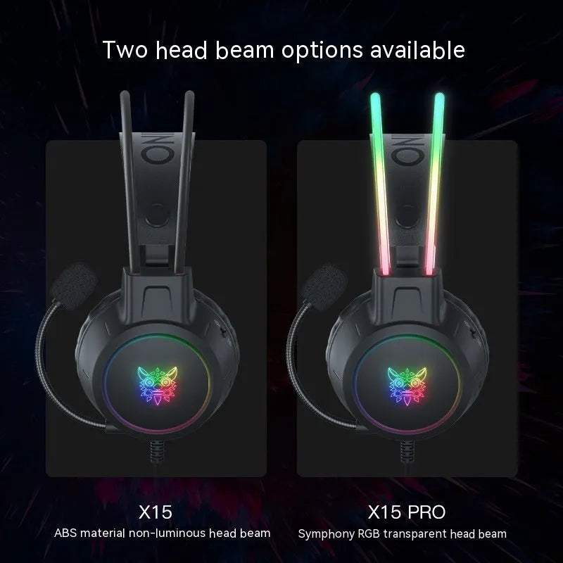 X15PRO wired gaming headset with 3.5mm plug, 50mm horn, RGB luminous design, and braided cable
