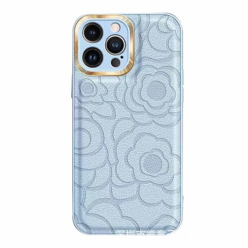 Camellia leather pattern drop-resistant phone case for iPhone with soft edge hard back design in Antique White